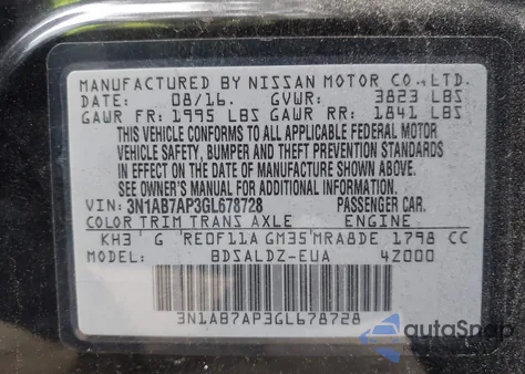 2016 Nissan Sentra Sv from USA, damaged, VIN 3N1AB7AP3GL678728
